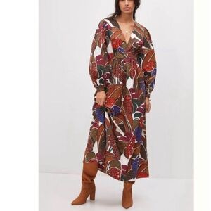 Anthropologie Farm Rio Deep V-Neck Maxi   Floral Puff Sleeve Tropical Dress NWT